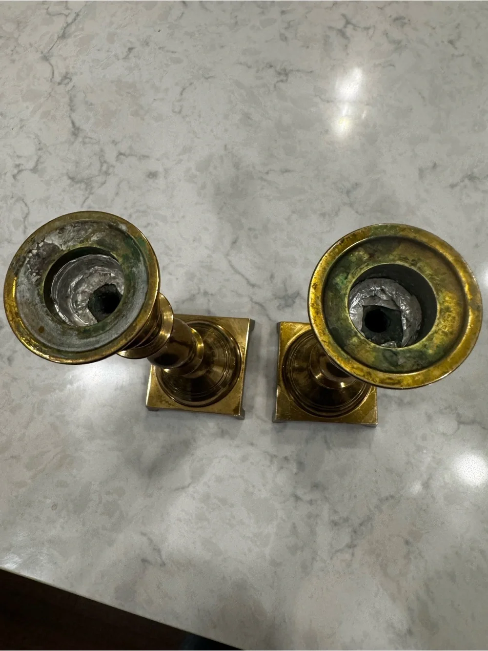 Vintage Brass Candlesticks Pair 8” Square Footed Bases Mid Century